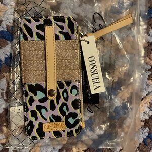 Consuela Multicolor Leopard Glitter Card Wallet with Tan Strap